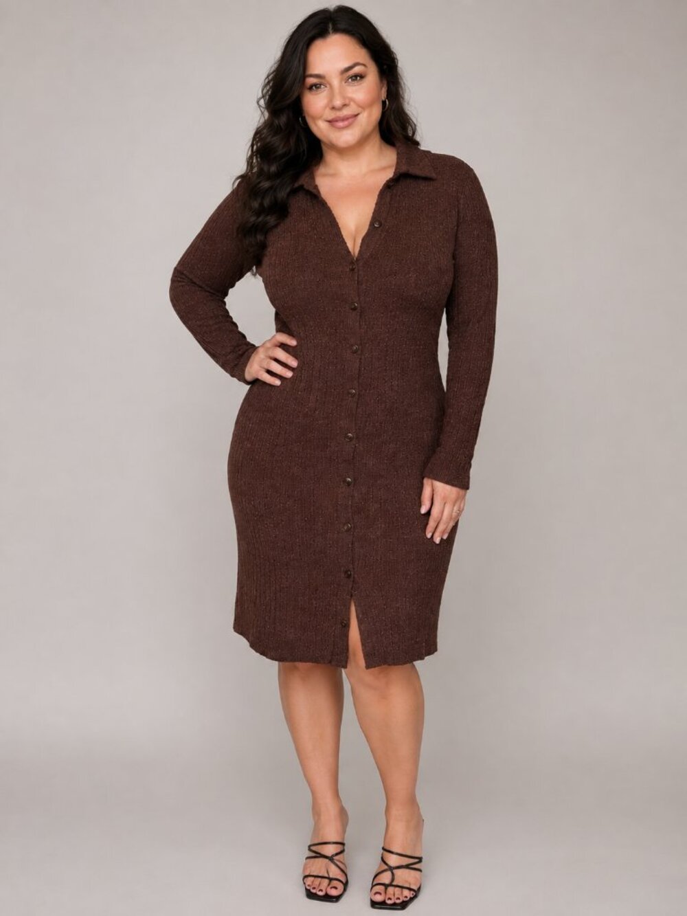 Marks & Spencer Brown Waffle Knit Button Front Bodycon Dress Size 14